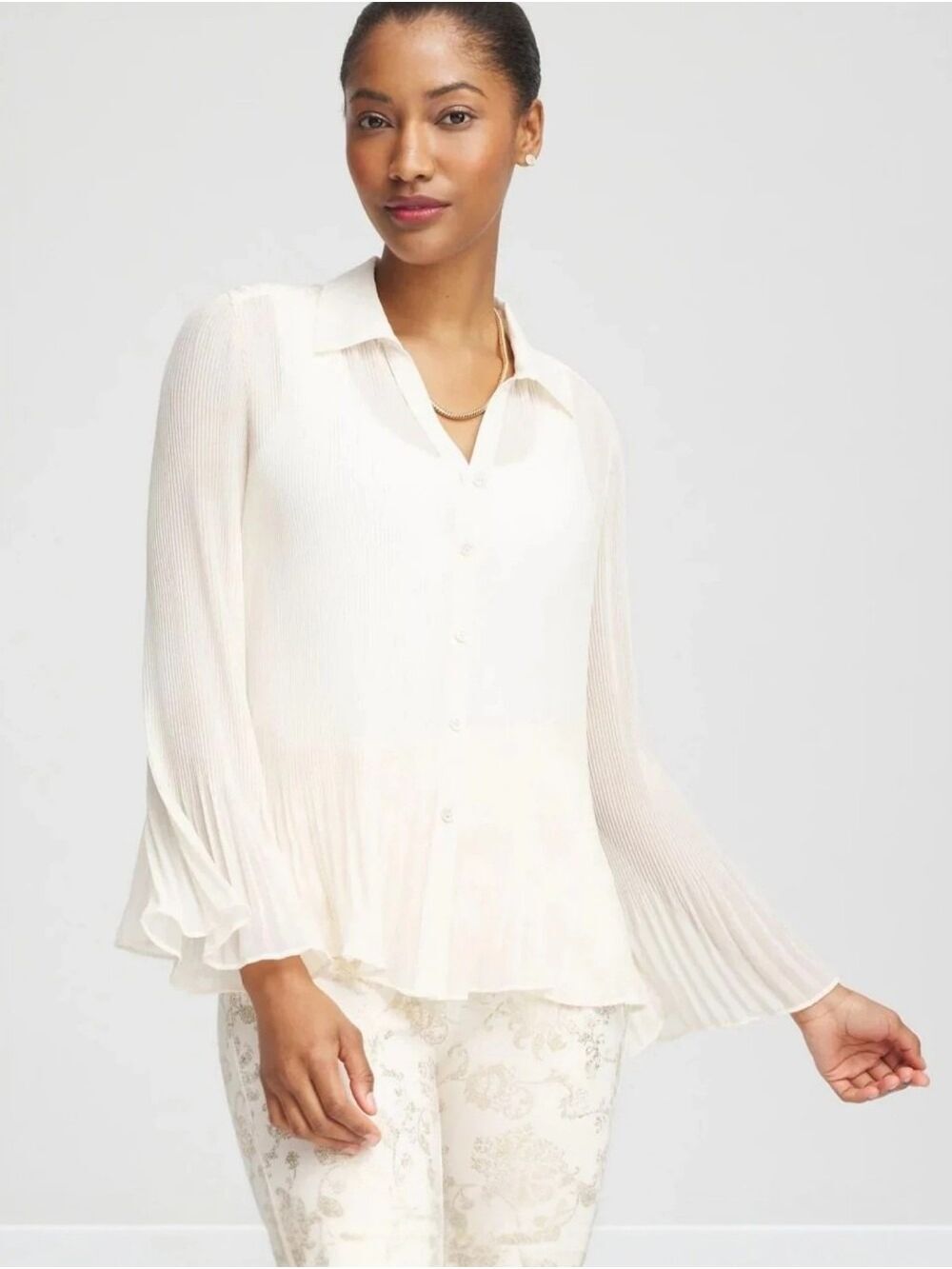 Chico's Pleated Georgette Blouse English Cream Button Front Size M (Chico's 1)
